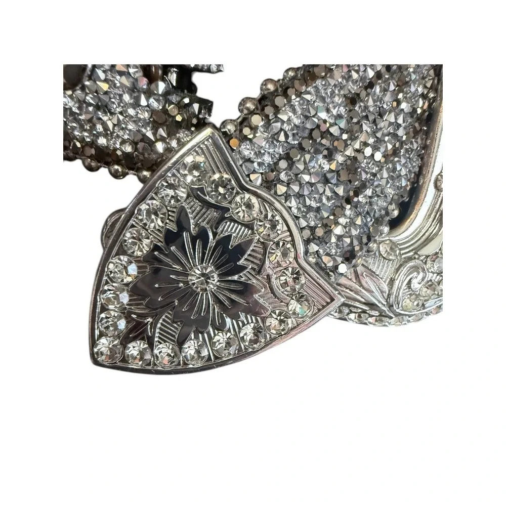 Womens Silver Rhinestone Western Belt Genuine Leather Crystal Buckle M/L 6529